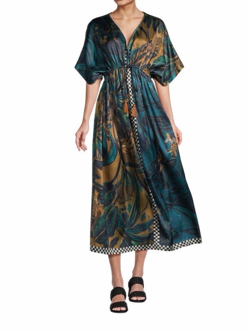 Mira Blue And Brown Satin Tropical Mixed Print Kaftan Dress
